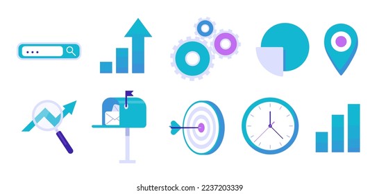 Set of vector marketing icons. Browser window, gears, arrow and pie charts, map pin, magnifying glass and progress arrow, mailbox with letters, round minesh with a dart, clock, statistics.