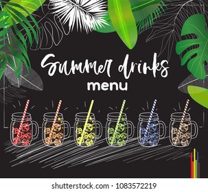 set of vector mason jars with colorful ice cubes and straws decorated with tropical leaves useful for summer drinks menu