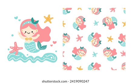 Set of vector materials for printing on children's products. Cute mermaid and starfish. Print and seamless vector pattern 