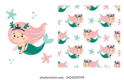 Set of vector materials for printing on children's products. Cute mermaid and starfish. Print and seamless vector pattern 