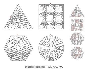 Set Of Vector Mazes. Geometric Outline Labyrinth Illustrations. With a solution