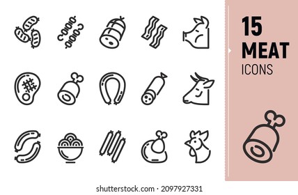 Un conjunto de iconos de la carne vectorial. Iconos de contorno para el sitio web, embalaje, logotipos.
Plano, una línea.