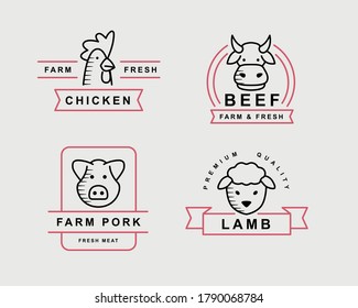 Set of vector meat logos, labels, charts, sign. Logo templates with chicken, cow, pig and sheep for shop, market, farm