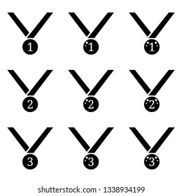 Set of Vector Medal Icons isolated on white background. First, Second, Third Places. Black Silhouette of Winner Symbol. Vector illustration for Your Design.