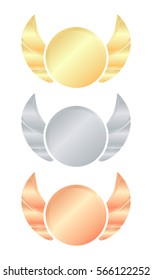set of vector medals with curved wings of gold silver and bronze