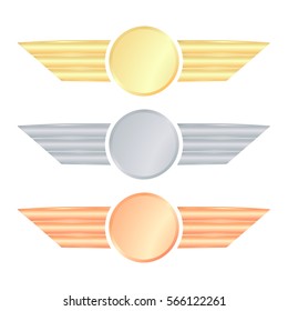 Set Of Vector Medals With Wings Of Gold Silver And Bronze