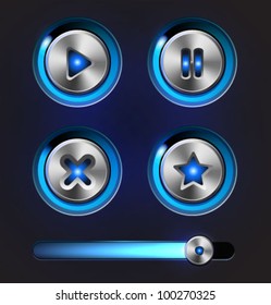 Set of vector media player elements.Glossy metal buttons with track bar.