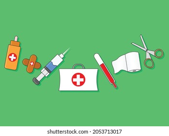 Set Of Vector Medical Equipment For First Aid Or Minor Injuries, Like A Bandages, Injections, Alcohol, Scissors, And Thermometer.