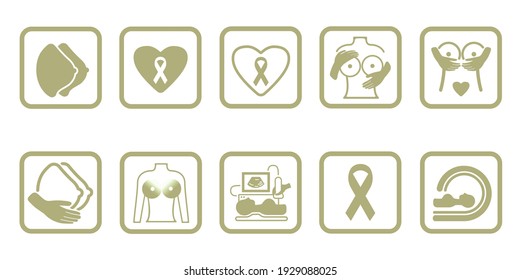 Set of vector medical icons about the prevention, diagnosis of female breast. Trendy 2021. Ultrasound, hand, ribbon against breast cancer, mammography. Caring for women's health. Isolated