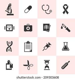 Set of vector medical icons. Dark gray silhouettes collection.