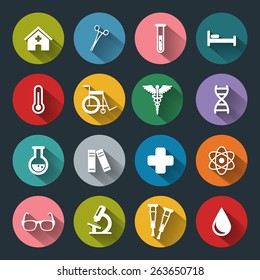 Set of vector Medical Icons in flat style with long shadows. Medical white icons on colored basis.