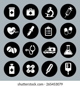 Conjunto de iconos médicos vectoriales en estilo plano. Iconos médicos blancos en negro.
