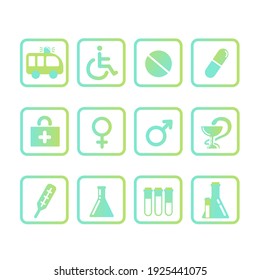 Eine Reihe von Vektorsymbolen, einfachen Bildern, flachen, trendigen sanften, trendigen, grün-blauen Farbverlauf. Schilder für Ärzte über Gesundheit, medizinische Hilfe, Rehabilitation, Krankenwagen, Krankenhaus. Einzige Form