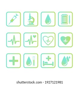 A set of vector medical icons, simple pictures, flat, trendy gentle, trendy green-blue gradient. Signs for doctors about health, medical assistance, rehabilitation, ambulance, hospital. Isolated shape