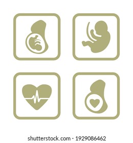 A set of vector medical icons, simple pictures, flat, trendy gentle, trendy green. Signs of a pregnant woman, heartbeat, baby embryo, obstetrics, umbilical cord. Isolated shapes 2021