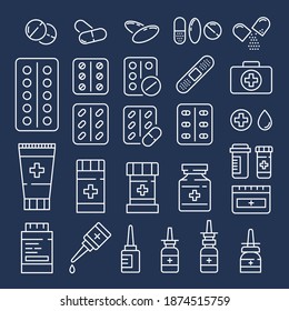 Set of vector medical icons. Tablets, capsules, blisters, medical cross, cream, ointment, vaccine, adhesive plaster, packaging, plastic and glass jars, ampoules, tube, nasal spray, nasal drops,pipette