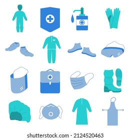 Set of vector medical individual protection flat icons isolated on white background. Personal protective clothing and equipment signs for web. Gloves, respirator, face mask, cover boots, cap, ets.