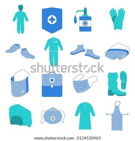 Set of vector medical individual protection flat icons isolated on white background. Personal protective clothing and equipment signs for web. Gloves, respirator, face mask, cover boots, cap, ets.