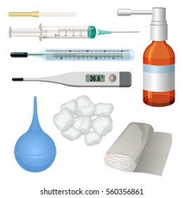 Set of vector medical objects for treatment. Syringe fitted with hypodermic needle, thermometer with mercury-in-glass, electronic thermometer, rubber enema, cotton and bandage near medicine bottle