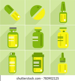 set of vector medicament icon collection with pill, capsule, Ampules, galas and plastic bottles and drug containers. 
for medicine web sites, Medical article and brochure or other print       