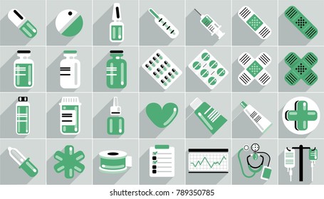set of vector medicament icon collection with pill, capsule, Ampules, galas and plastic bottles and drug containers. 
for medicine web sites, Medical article and brochure or other print