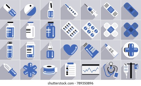 set of vector medicament icon collection with pill, capsule, Ampules, galas and plastic bottles and drug containers. 
for medicine web sites, Medical article and brochure or other print