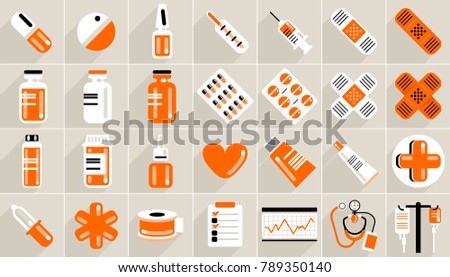 set of vector medicament icon collection with pill, capsule, Ampules, galas and plastic bottles and drug containers. 
for medicine web sites, Medical article and brochure or other print
