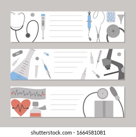 Set of vector medicine horizontal layout card templates. Brochure, flyer, banner pre-made designs with cute cartoon medical elements. Health care flat illustration