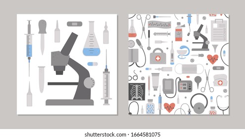 Set of vector medicine square card templates. Brochure, flyer, banner pre-made designs with cute cartoon medical elements. Health care flat illustration. 