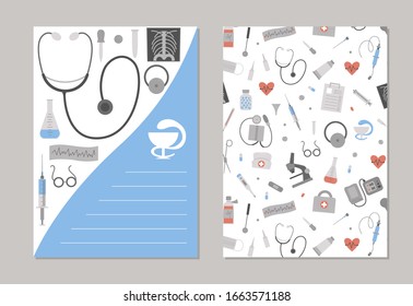 Set of vector medicine vertical layout card templates. Brochure, flyer, banner pre-made designs with cute cartoon medical elements. Health care flat illustration