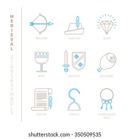 Set of vector medieval icons and concepts in mono thin line style