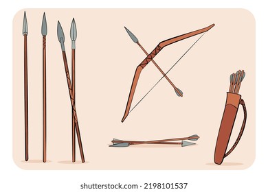 Set Of Vector Medieval Weapon. Spear, Bow And Arrow With Quiver. Flat Cartoon Design. Video Game And Animation Props.