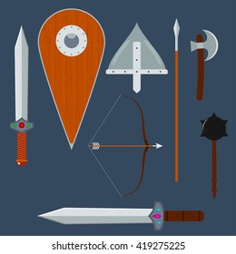 Set of vector medieval weapons. Medieval swords, wooden shield, helmet, mace, spear, hatchet and bow.