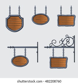 set of vector medieval wood sign hanging on chains isolated on white
