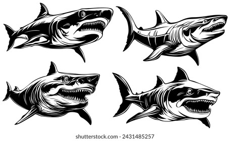 set vector megalodon monster shark icon monochrome design illustration