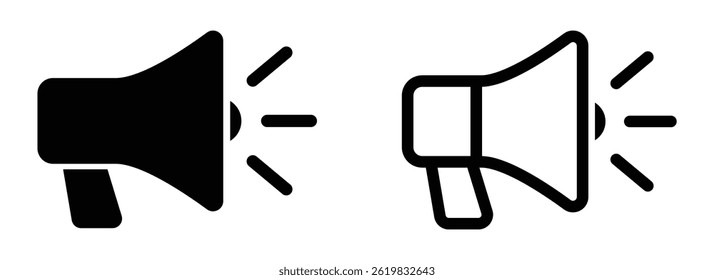 Set of vector megaphone icons in solid and outline styles. Useful for announcements, alerts, marketing, and communication graphics. Editable design for web or print use. Megaphone, icons.