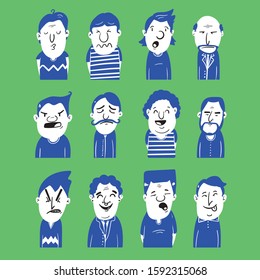 Set of vector men with different facial expressions