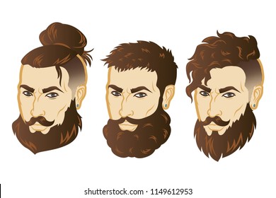 Set of Vector men face hipster head with haircuts. For avatars, emblems and icons, labels