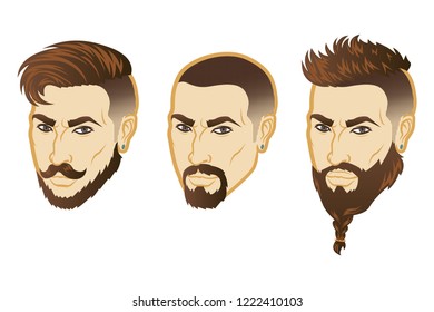 Set of Vector men face hipster head with haircuts. For avatars, emblems and icons, labels