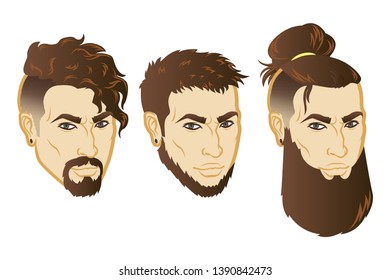 Set of Vector men face hipster head with haircuts. For avatars, emblems and icons, labels