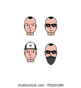 Set of vector men faces. Hipster with different haircuts, mustaches, sunglasses, caps beards. Silhouettes, avatars, heads, emblems, icons, labels.