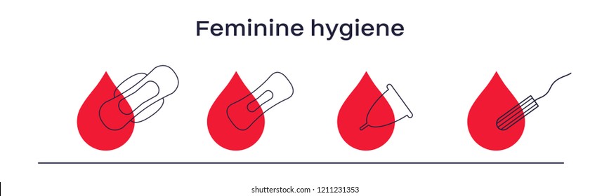 Conjunto de absorventes higiênicos de menstruação vetorial, tampões, copos. Proteção à higiene feminina para mulheres em dias críticos. Isolado no fundo branco. Ícones planos do ciclo de menstruação ginecológica