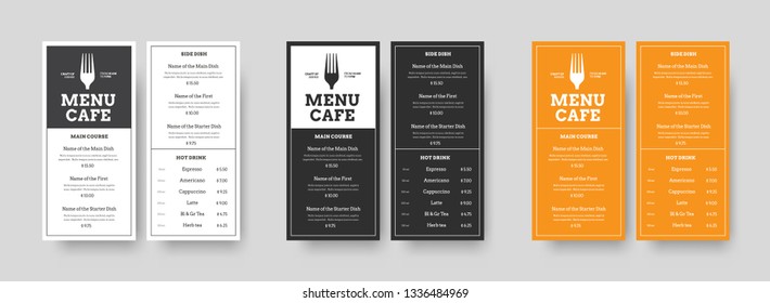 Set of vector menu Format DL restaurants and cafes with an outer stroke and blocks for text. Design templates in black, white and orange for printing.