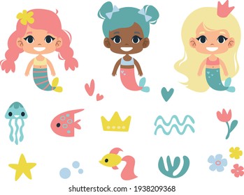 set of vector mermaids clipart. cartoon illustration in childish style. images are isolated on a white background.