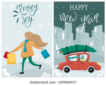 Set of Vector Merry Christmas and Happy New Year greeting card. A man in a red car driven Christmas tree home. Christmas shopping. girl with paper bags with gifts in their hands.