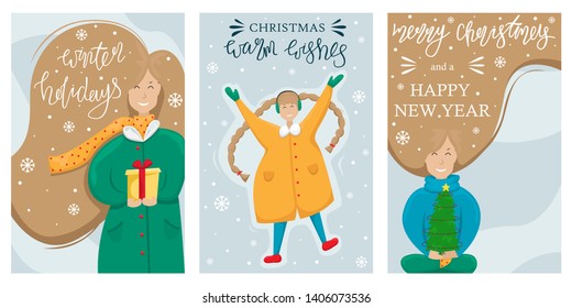 Set of Vector Merry Christmas and Happy New Year greeting card. Girl with a small Christmas tree in her hands. The girl makes an angel in the snow.