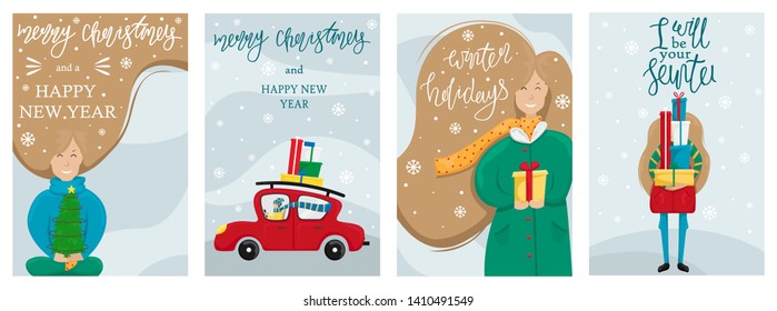 Set of Vector Merry Christmas and Happy New Year greeting card. Girl with a small Christmas tree in her hands. A man in a red car driven Christmas gifts home.