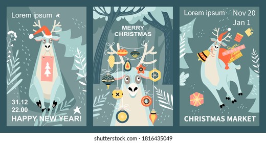 Juego de vectores Feliz Navidad y Feliz Año Nuevo pancartas de saludo y volante de invitación para el mercado navideño con renos divertidos con regalos y decoraciones de árboles de Navidad