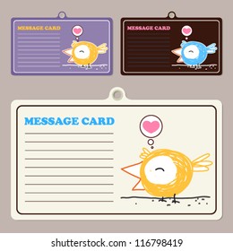 Set of vector message cards with cartoon bird character.