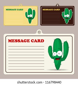 Set of vector message cards with cartoon cactus character.